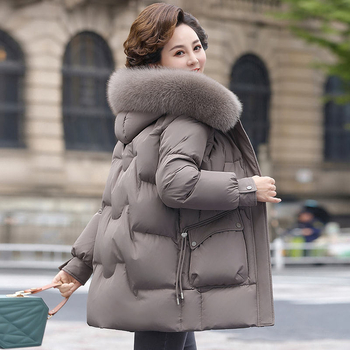 Geacă de iarnă din puf, cu glugă, guler din blană de vulpe demontabil, umplutură din puf de rață alb, izolație groasă, lungime medie