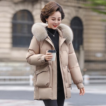 Geacă de iarnă din puf, cu glugă, guler din blană de vulpe demontabil, umplutură din puf de rață alb, izolație groasă, lungime medie