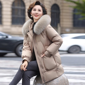 Geacă de iarnă din puf, cu glugă, guler din blană de vulpe demontabil, umplutură din puf de rață alb, izolație groasă, lungime medie