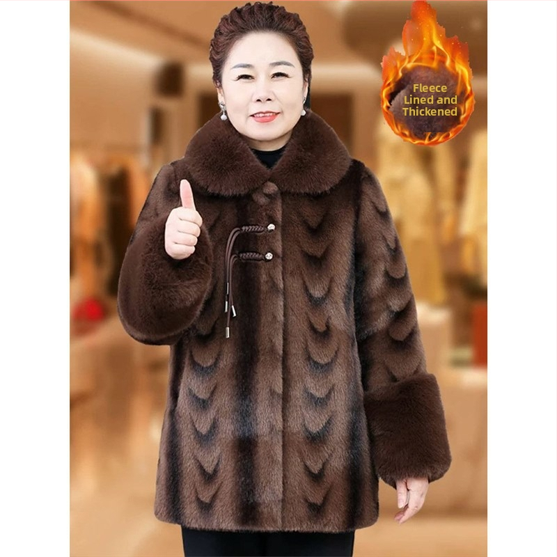 Žiemos moterų paltas vidutinio amžiaus ir vyresnėms su dirbtine oda, 3D efektas, vidutinio ilgio, reljefinis apdailos, Pavasaris 2025