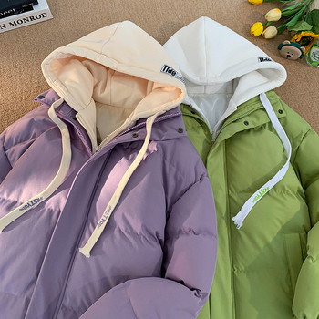 Jakna s pamukom punjenje i kapuljačom, korejski stil, debela izolacija, zatvarač