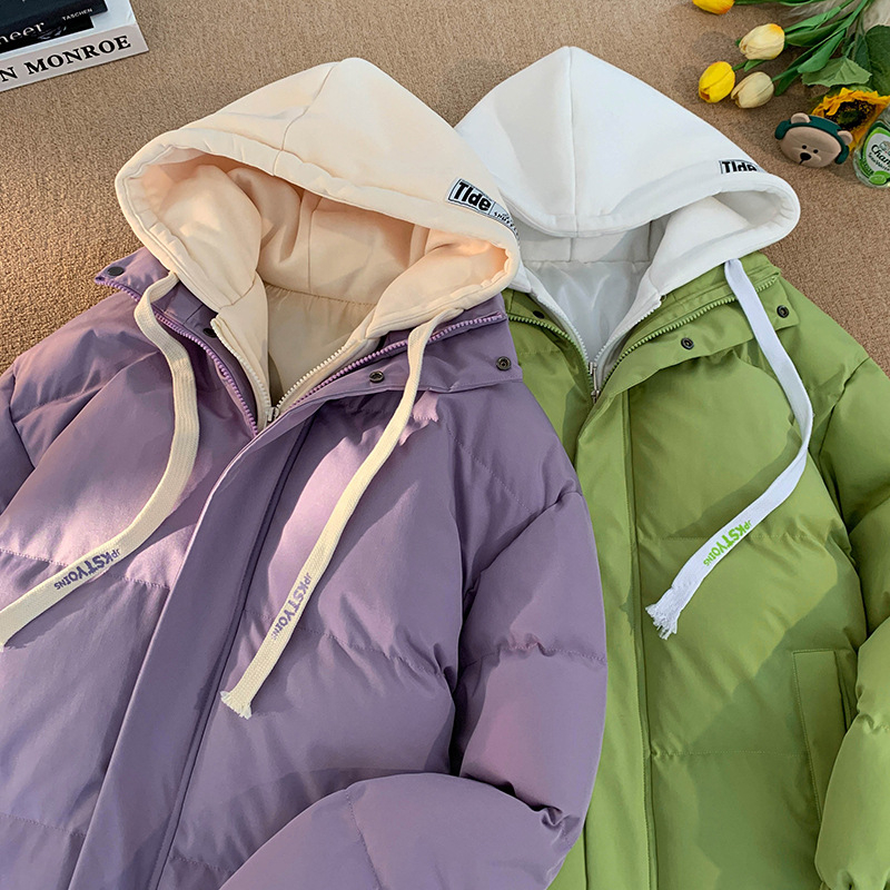 Jakna s pamukom punjenje i kapuljačom, korejski stil, debela izolacija, zatvarač