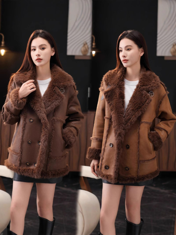 Moteriška All-in-One striukė su sintetine kailio efektu, Yiyi xunong, poliesterio pluoštas (>95%), 2025 m. ruduo, miesto elegantiškas stilius.