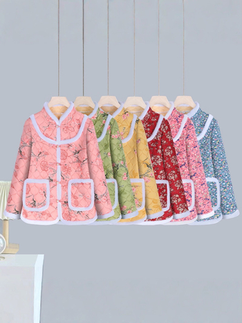 Moterų storesnis poliesterio pripildytas švarkas - abstraktus gėlių retro žieminis paltas, 70–80% poliesterio, elegantiškas kasdienis stilius, žiema 2025