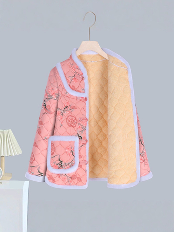 Moterų storesnis poliesterio pripildytas švarkas - abstraktus gėlių retro žieminis paltas, 70–80% poliesterio, elegantiškas kasdienis stilius, žiema 2025