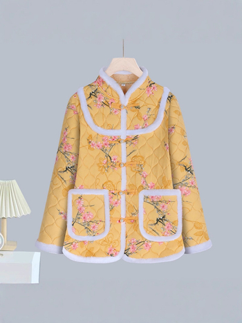 Moterų storesnis poliesterio pripildytas švarkas - abstraktus gėlių retro žieminis paltas, 70–80% poliesterio, elegantiškas kasdienis stilius, žiema 2025