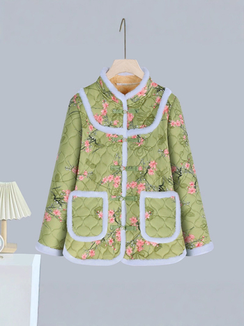 Moterų storesnis poliesterio pripildytas švarkas - abstraktus gėlių retro žieminis paltas, 70–80% poliesterio, elegantiškas kasdienis stilius, žiema 2025