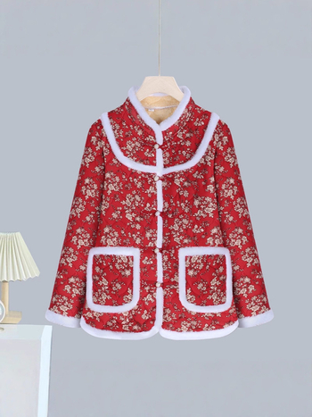 Moterų storesnis poliesterio pripildytas švarkas - abstraktus gėlių retro žieminis paltas, 70–80% poliesterio, elegantiškas kasdienis stilius, žiema 2025