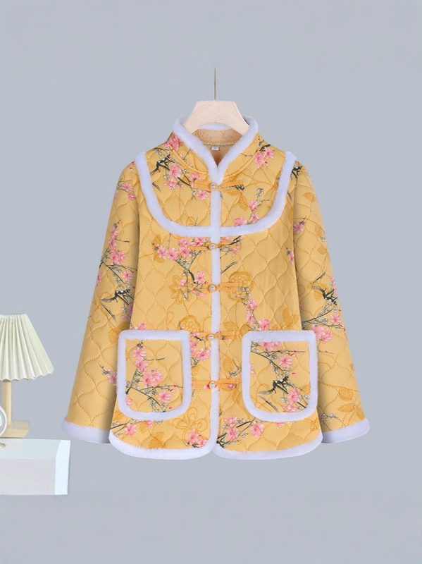 Moterų storesnis poliesterio pripildytas švarkas - abstraktus gėlių retro žieminis paltas, 70–80% poliesterio, elegantiškas kasdienis stilius, žiema 2025