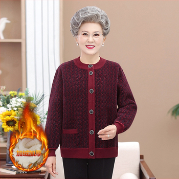 Flisinį pamušalą turintis kardiganas vidutinio amžiaus ir vyresniems, gėlių raštas, poliesterio–spandeks mišinys, vidutinio ilgio 50–65 cm, flokavota audinys