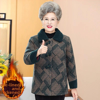 Középkorú nők téli gyapjúkabátja - fleece bélés, négyzet alakú gallér, egygombos zárás, Chenille PVC anyag, töltet imitált selyem-pamut