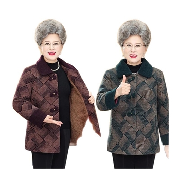 Középkorú nők téli gyapjúkabátja - fleece bélés, négyzet alakú gallér, egygombos zárás, Chenille PVC anyag, töltet imitált selyem-pamut