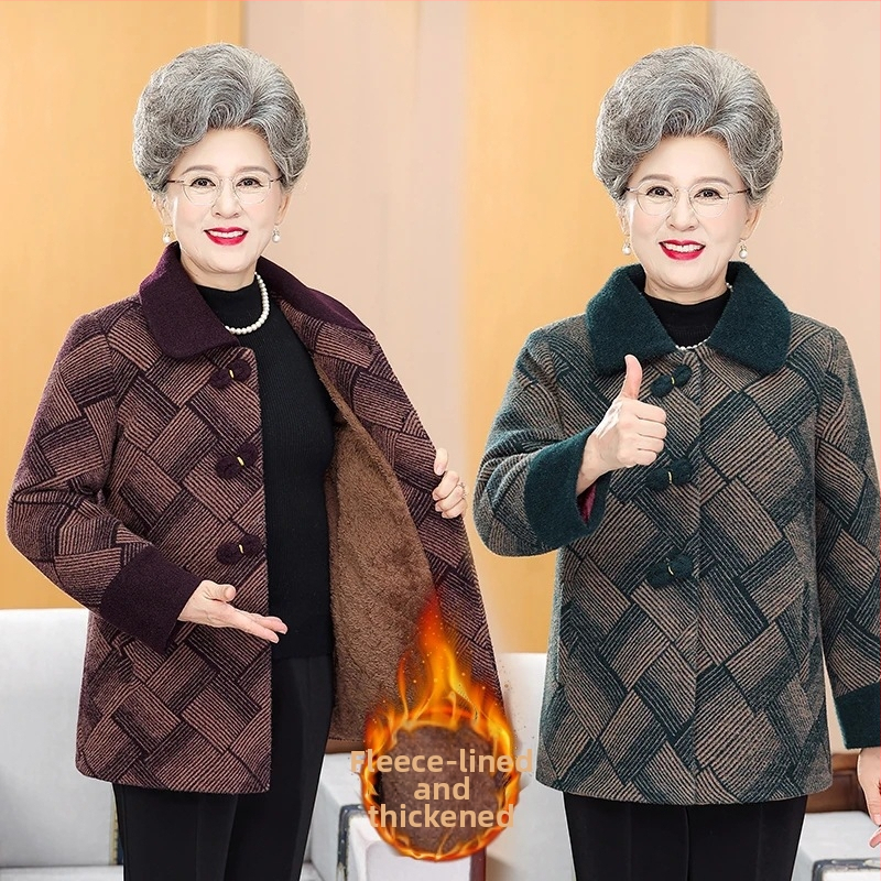 Középkorú nők téli gyapjúkabátja - fleece bélés, négyzet alakú gallér, egygombos zárás, Chenille PVC anyag, töltet imitált selyem-pamut