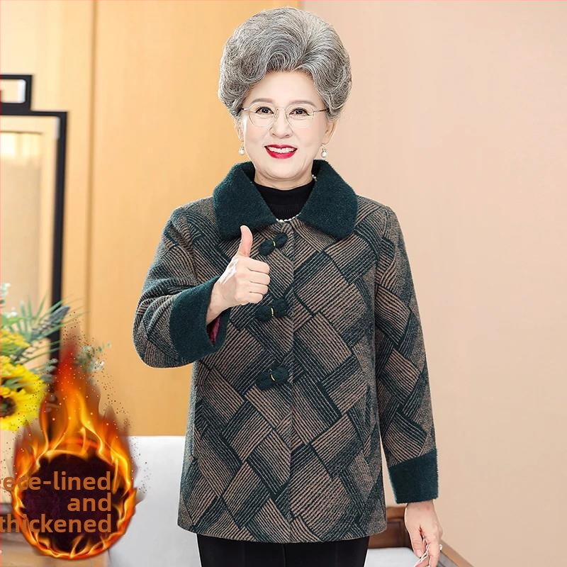 Középkorú nők téli gyapjúkabátja - fleece bélés, négyzet alakú gallér, egygombos zárás, Chenille PVC anyag, töltet imitált selyem-pamut