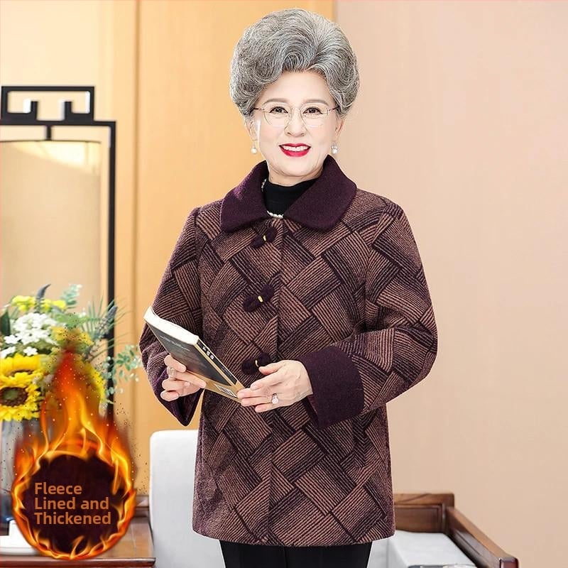 Középkorú nők téli gyapjúkabátja - fleece bélés, négyzet alakú gallér, egygombos zárás, Chenille PVC anyag, töltet imitált selyem-pamut