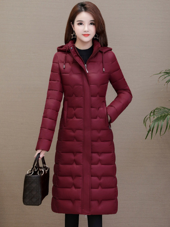 Dugi pamučni kaput s punjenjem pamukom, uski kroj, odvojiva kapuljača, zatvarač na zip, debela izolacija