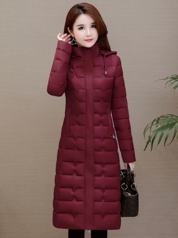 Dugi pamučni kaput s punjenjem pamukom, uski kroj, odvojiva kapuljača, zatvarač na zip, debela izolacija