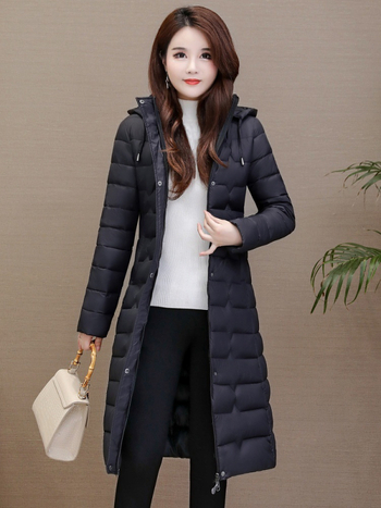 Dugi pamučni kaput s punjenjem pamukom, uski kroj, odvojiva kapuljača, zatvarač na zip, debela izolacija