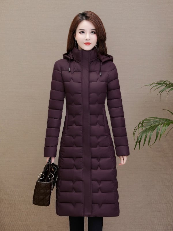 Dugi pamučni kaput s punjenjem pamukom, uski kroj, odvojiva kapuljača, zatvarač na zip, debela izolacija