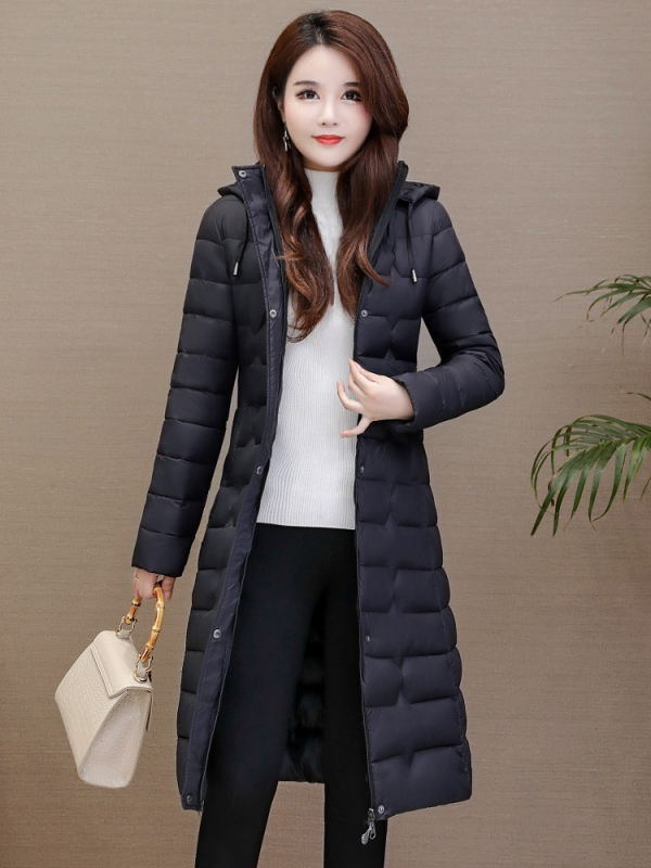 Dugi pamučni kaput s punjenjem pamukom, uski kroj, odvojiva kapuljača, zatvarač na zip, debela izolacija