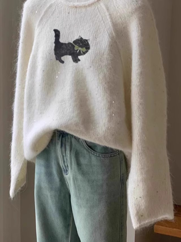 Ženski džemper, slobodan kroj, dugi rukav, okrugli ovratnik, patchwork detalji