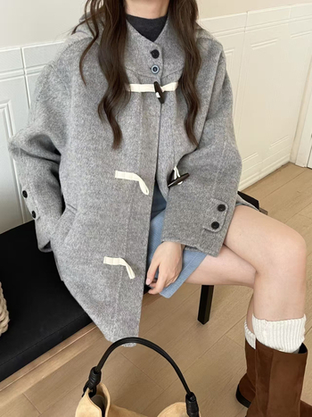 Ženski vuneni kaput s kapuljom, tri gumba, srednja duljina (65–80 cm), korejski stil, 95% vuna