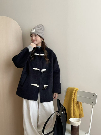 Ženski vuneni kaput s kapuljom, tri gumba, srednja duljina (65–80 cm), korejski stil, 95% vuna