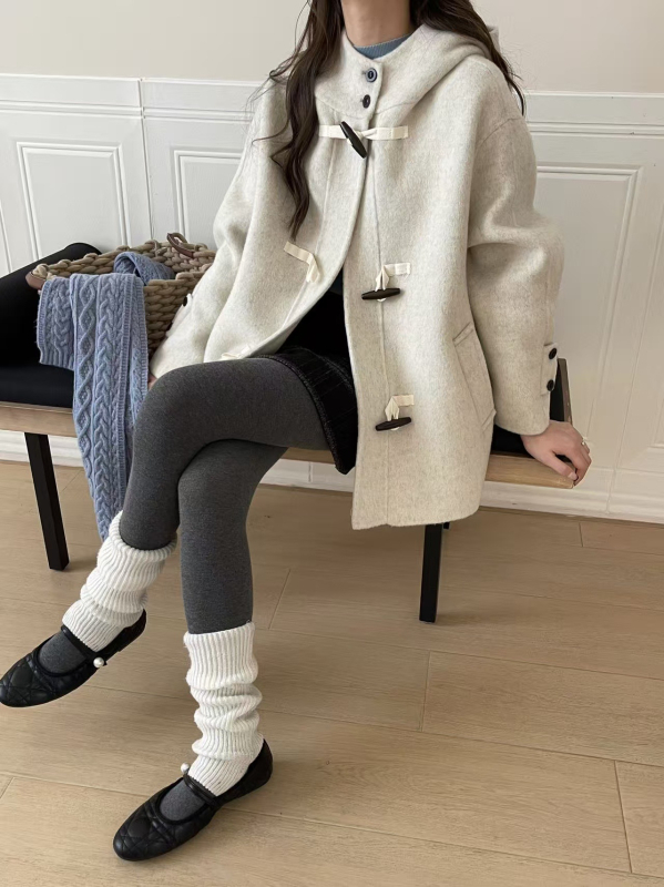 Ženski vuneni kaput s kapuljom, tri gumba, srednja duljina (65–80 cm), korejski stil, 95% vuna