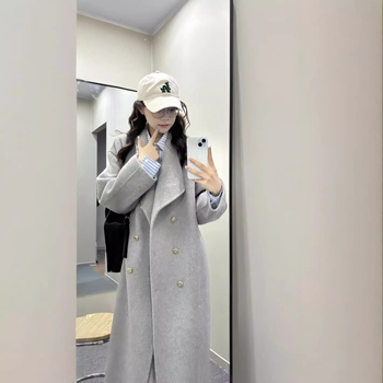 Μακρύ γυναικείο παλτό από μαλλί και αλπάκα, μονόχρωμο, με σταθερό γιακά, διπλό κούμπωμα μπροστά, χειροποίητο πλεκτό, στυλ Κορεατικό-Ιαπωνικό άνετο