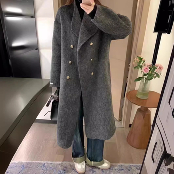 Μακρύ γυναικείο παλτό από μαλλί και αλπάκα, μονόχρωμο, με σταθερό γιακά, διπλό κούμπωμα μπροστά, χειροποίητο πλεκτό, στυλ Κορεατικό-Ιαπωνικό άνετο