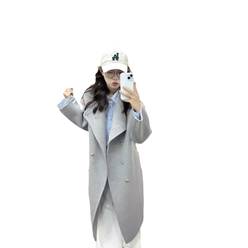 Μακρύ γυναικείο παλτό από μαλλί και αλπάκα, μονόχρωμο, με σταθερό γιακά, διπλό κούμπωμα μπροστά, χειροποίητο πλεκτό, στυλ Κορεατικό-Ιαπωνικό άνετο