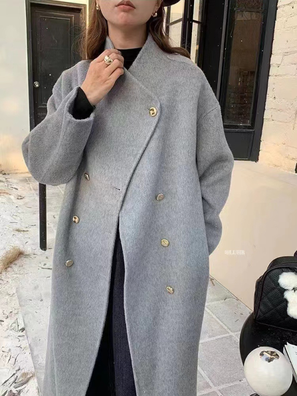 Μακρύ γυναικείο παλτό από μαλλί και αλπάκα, μονόχρωμο, με σταθερό γιακά, διπλό κούμπωμα μπροστά, χειροποίητο πλεκτό, στυλ Κορεατικό-Ιαπωνικό άνετο