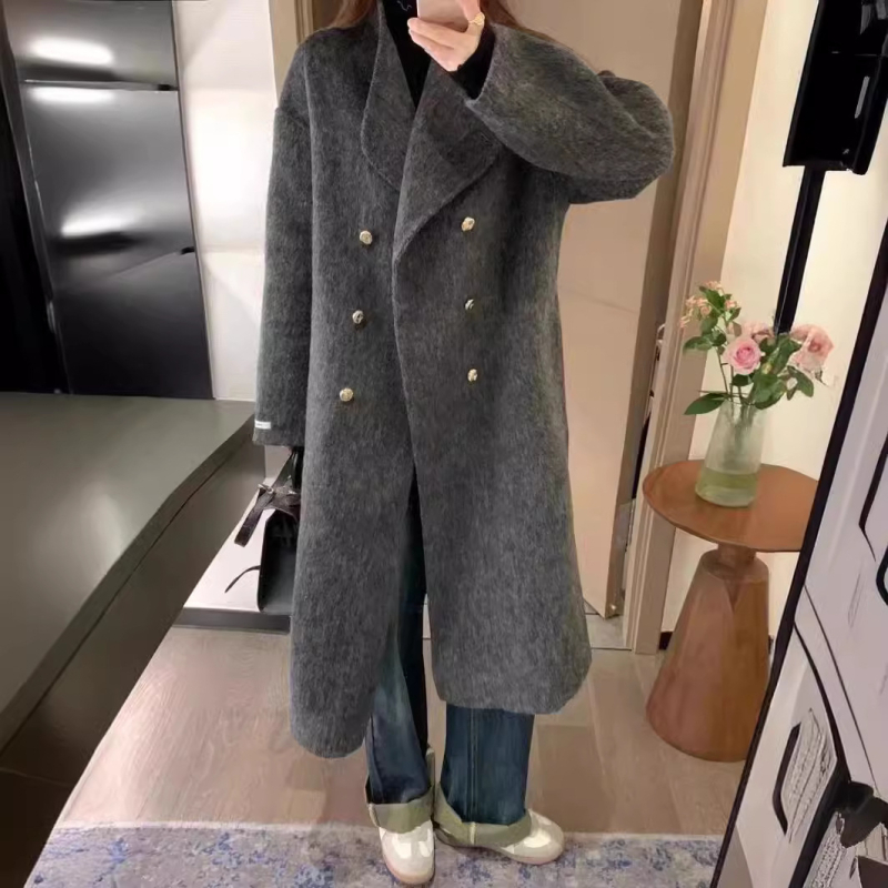 Μακρύ γυναικείο παλτό από μαλλί και αλπάκα, μονόχρωμο, με σταθερό γιακά, διπλό κούμπωμα μπροστά, χειροποίητο πλεκτό, στυλ Κορεατικό-Ιαπωνικό άνετο