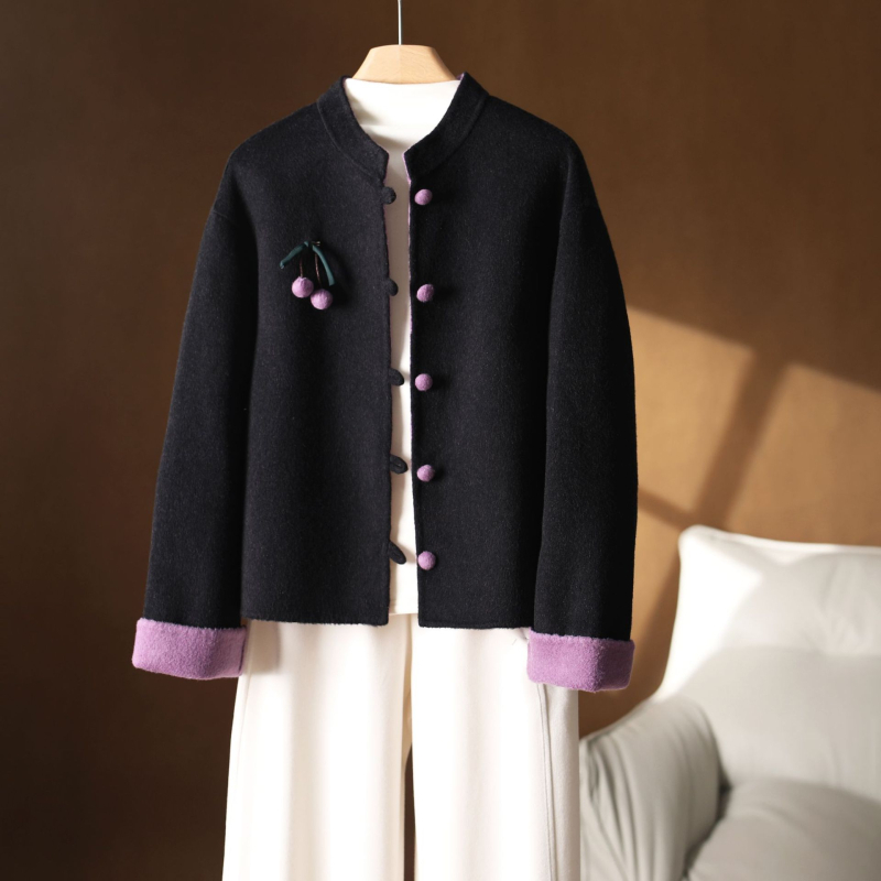 Ženski kratki vuneni kaput s kašmirom, okrugli ovratnik, zatvaranje u jednom redu gumba, elegantan gradski stil za svakodnevne potrebe, duljina 40–50 cm