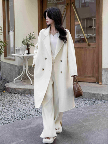 Ženski dugi vuneni kaput, dvostruko kopčanje, ovratnik u stilu sakoa, raglan rukavi, gusta smjesa vune-kasimir-Tencel