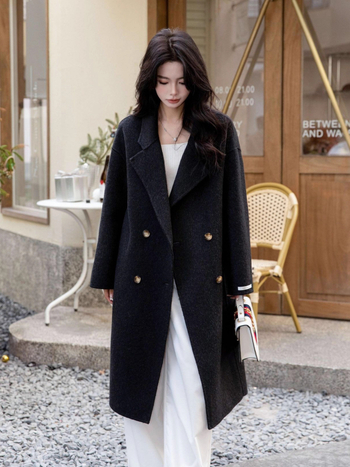 Ženski dugi vuneni kaput, dvostruko kopčanje, ovratnik u stilu sakoa, raglan rukavi, gusta smjesa vune-kasimir-Tencel