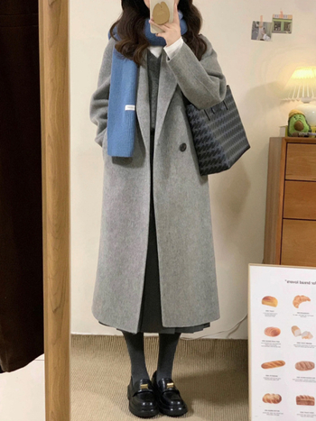 Ženski dugi vuneni kaput, dvostruko kopčanje, ovratnik u stilu sakoa, raglan rukavi, gusta smjesa vune-kasimir-Tencel