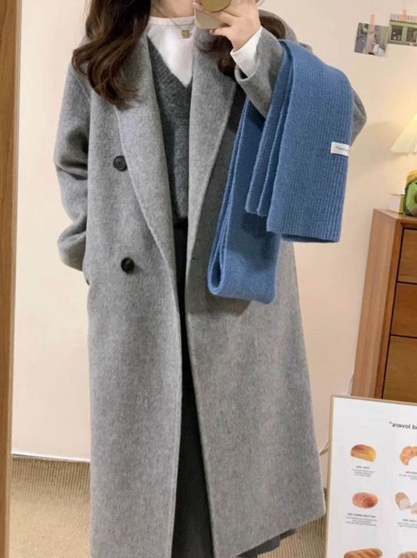 Ženski dugi vuneni kaput, dvostruko kopčanje, ovratnik u stilu sakoa, raglan rukavi, gusta smjesa vune-kasimir-Tencel