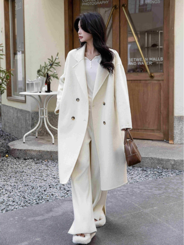 Ženski dugi vuneni kaput, dvostruko kopčanje, ovratnik u stilu sakoa, raglan rukavi, gusta smjesa vune-kasimir-Tencel