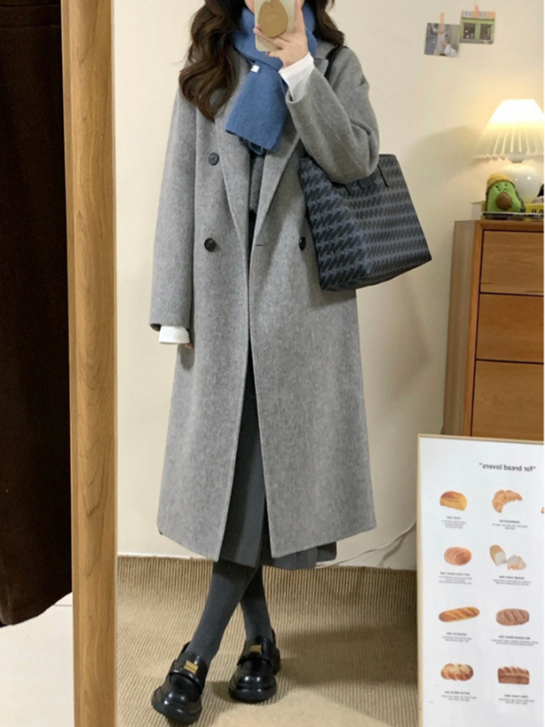 Ženski dugi vuneni kaput, dvostruko kopčanje, ovratnik u stilu sakoa, raglan rukavi, gusta smjesa vune-kasimir-Tencel