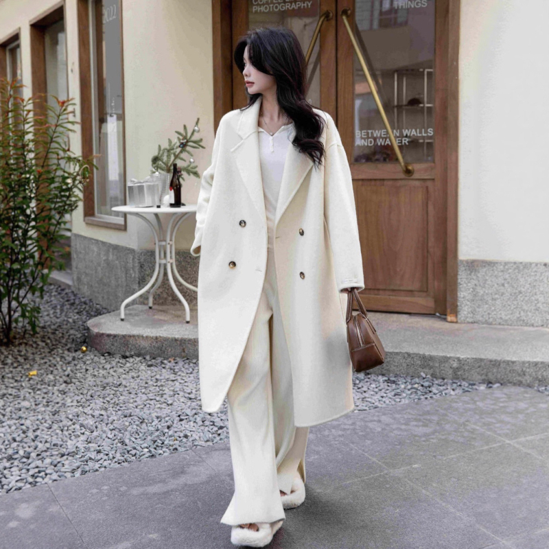 Ženski dugi vuneni kaput, dvostruko kopčanje, ovratnik u stilu sakoa, raglan rukavi, gusta smjesa vune-kasimir-Tencel