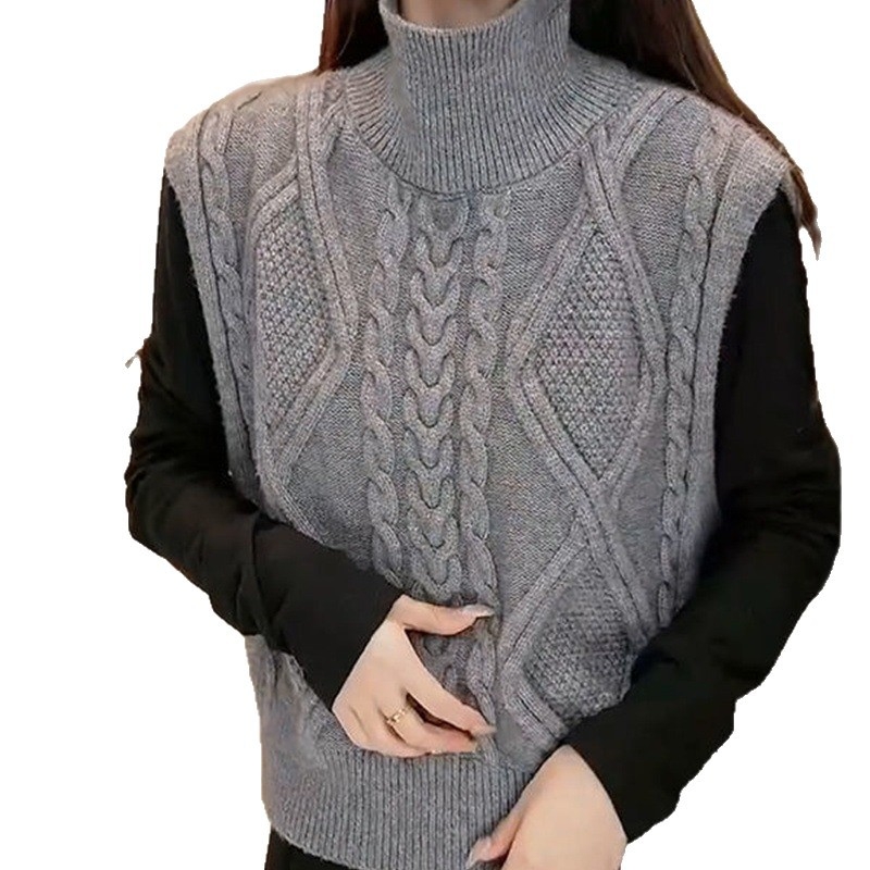 Ženska pletena vest s visokim ovratnikom, mješavina akrila i ovčje vune, bez rukava, pulover stil, normalna debljina, duljina 50–65 cm, jesen 2024