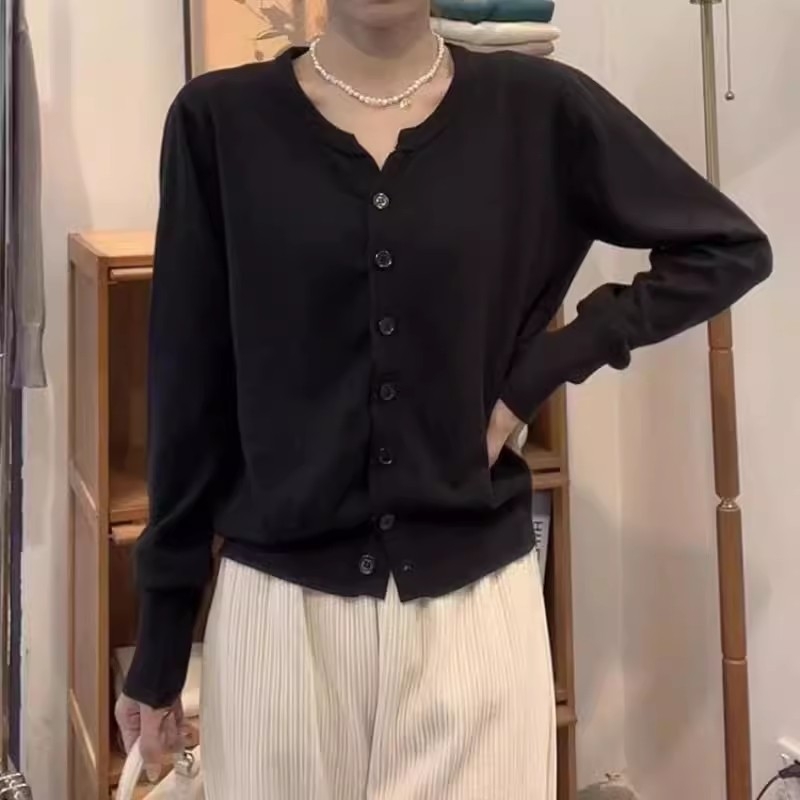 Pletený kardigán, polyesterové vlákno, jednofarebná, voľný strih, okrúhly výstrih