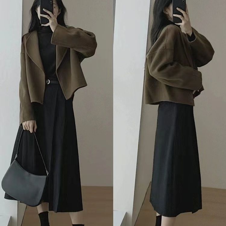 Ženski kaput u Hepburn stilu, kratki kaput, jednobojni poliester, slobodan kroj, rever