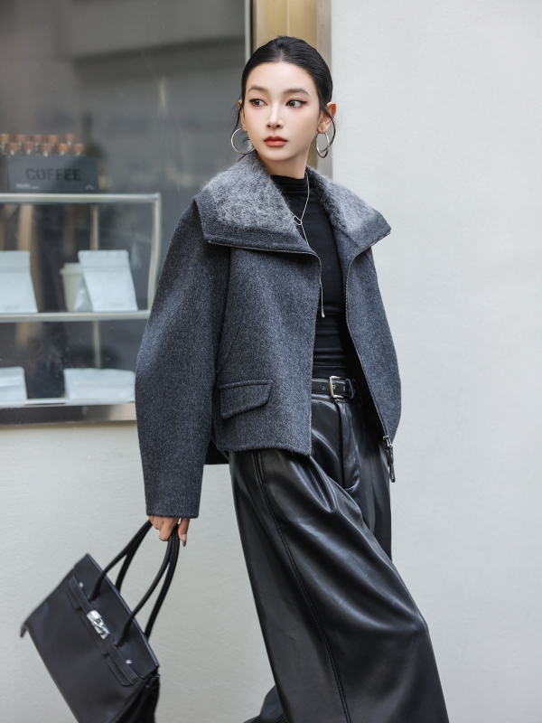 Ženski kratki vuneni kaput s mohair ovratnikom, dvostruki kašmir, gradski elegantan stil, zatvarač