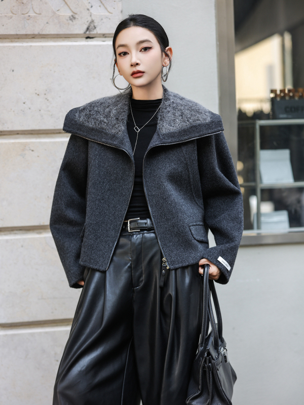 Ženski kratki vuneni kaput s mohair ovratnikom, dvostruki kašmir, gradski elegantan stil, zatvarač