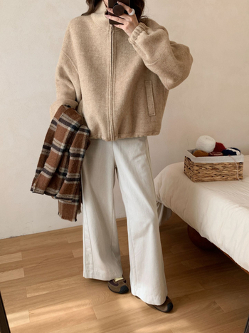 Dámska vlnená bunda so zipsom a stojatým golierom, krátky strih, dvojstranné kašmír, elegantný nový štýl (jar 2025; 70–80% vlna)