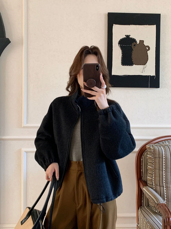 Dámska vlnená bunda so zipsom a stojatým golierom, krátky strih, dvojstranné kašmír, elegantný nový štýl (jar 2025; 70–80% vlna)