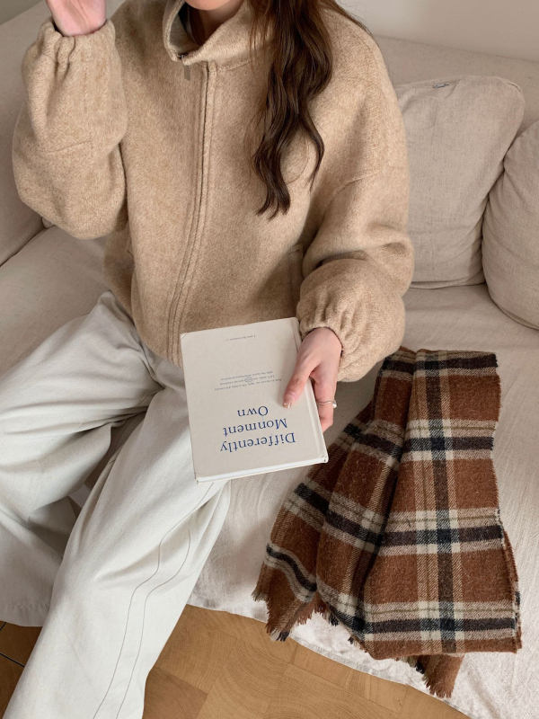 Dámska vlnená bunda so zipsom a stojatým golierom, krátky strih, dvojstranné kašmír, elegantný nový štýl (jar 2025; 70–80% vlna)