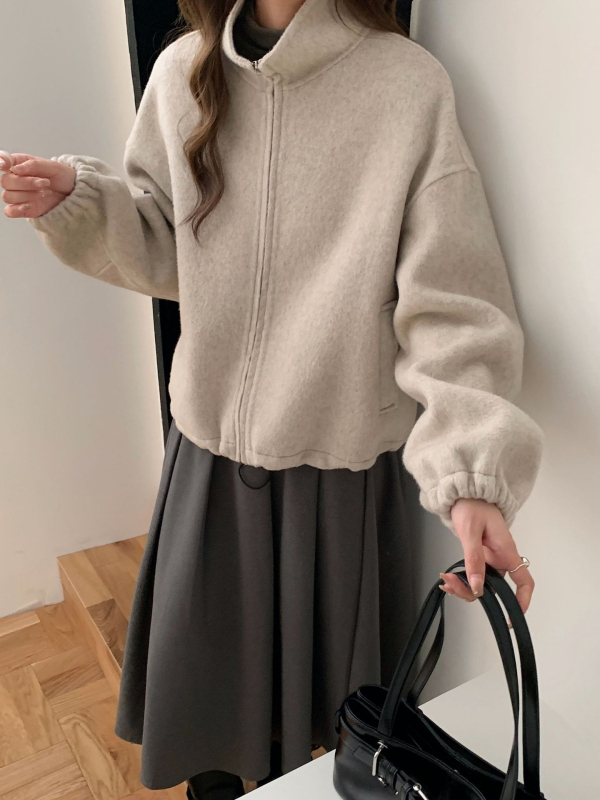 Dámska vlnená bunda so zipsom a stojatým golierom, krátky strih, dvojstranné kašmír, elegantný nový štýl (jar 2025; 70–80% vlna)